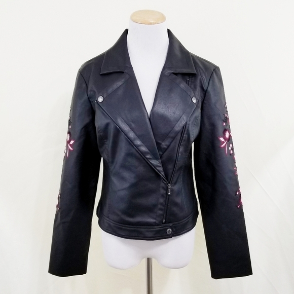 Guess Floral embroidered leather moto jacket black small - Picture 3 of 8